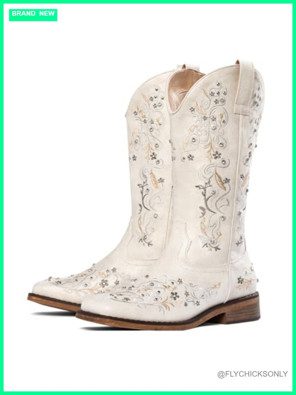 Rhinestone Western Cowgirl Boots Faux Leather Mid-Calf